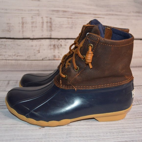 Sperry Shoes - Sperry Saltwater Tan Navy Blue STS91175 Rain Duck Boots Leather Womens Sz 7 GUC